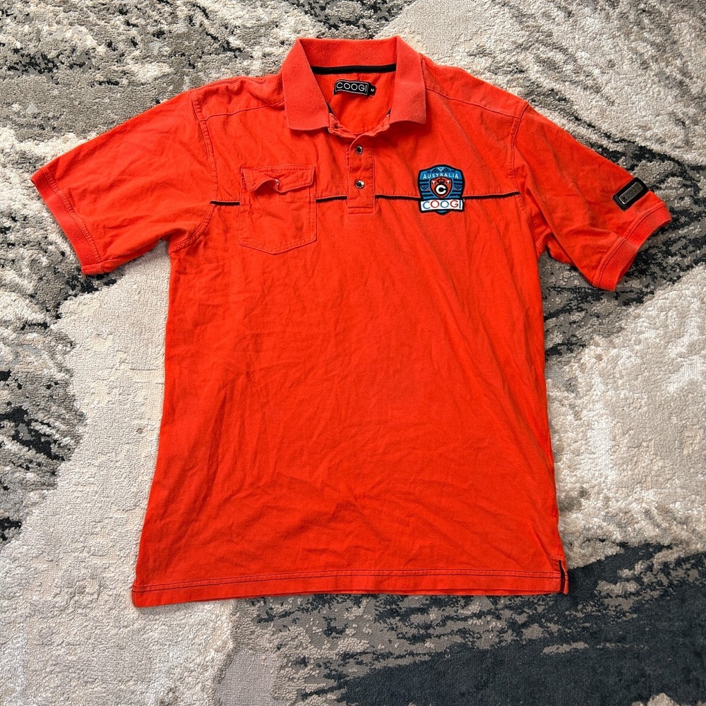 Coogi Australia‎ Polo Shirt Mens Medium Orange Cotton Patch Logo Golf Tennis Y2K